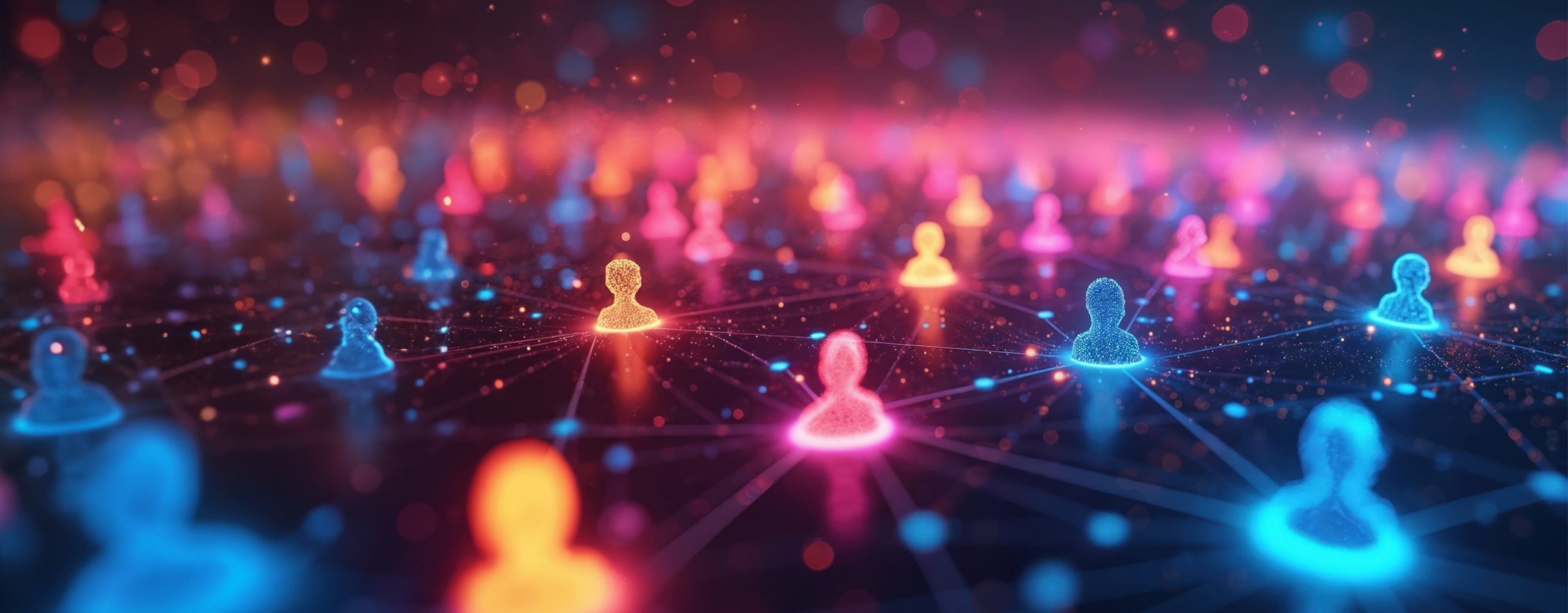 Eine abstrakte, digitale Darstellung eines sozialen Netzwerks oder einer Gemeinschaft. Zahlreiche stilisierte Personensymbole leuchten in verschiedenen Neonfarben (Rot, Orange, Pink, Blau) und sind durch leuchtende Linien miteinander verbunden, die ein komplexes Netzwerk auf einem dunklen Hintergrund bilden.