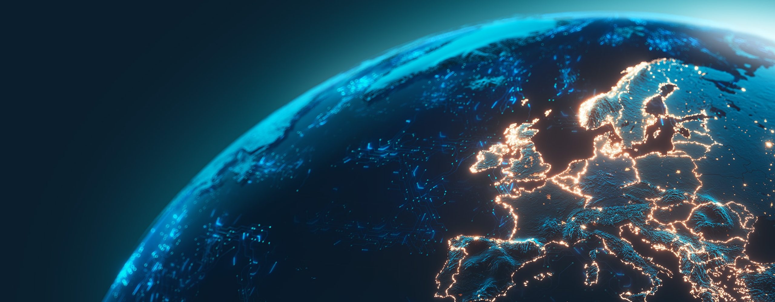 Stilisierte Ansicht der Erde aus dem Weltall, bei der die Konturen Europas durch ein leuchtendes, goldenes Datennetzwerk hervorgehoben sind.