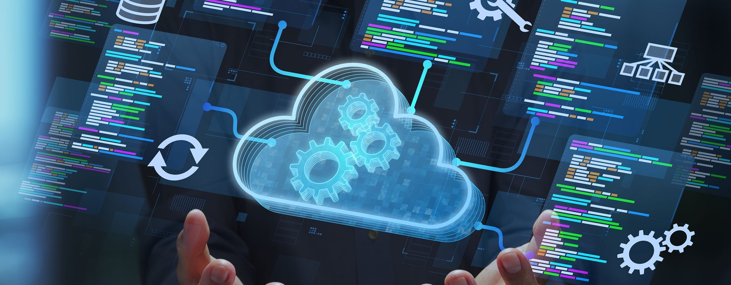 Hands holding a glowing cloud symbol with gears, surrounded by code snippets and data interfaces symbolizing cloud automation and managed services.