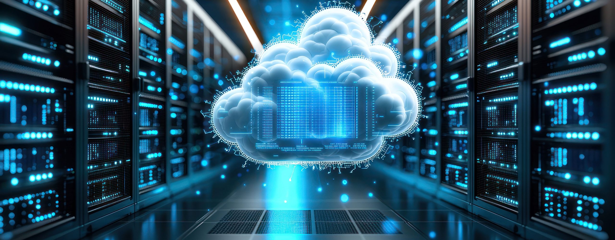Leuchtendes, weiß-blaues Cloud-Symbol mit Datencode-Anzeige in der Mitte eines Serverraums, umgeben von Reihen von blinkenden Server-Racks. Das Bild visualisiert Cloud Computing, Server-Infrastruktur, Datenspeicherung und Virtualisierung im Rechenzentrum (Data Center).