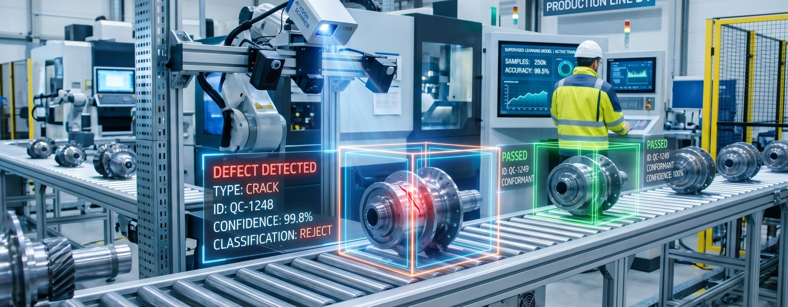 Automated visual quality inspection using AI image recognition on a factory conveyor belt.