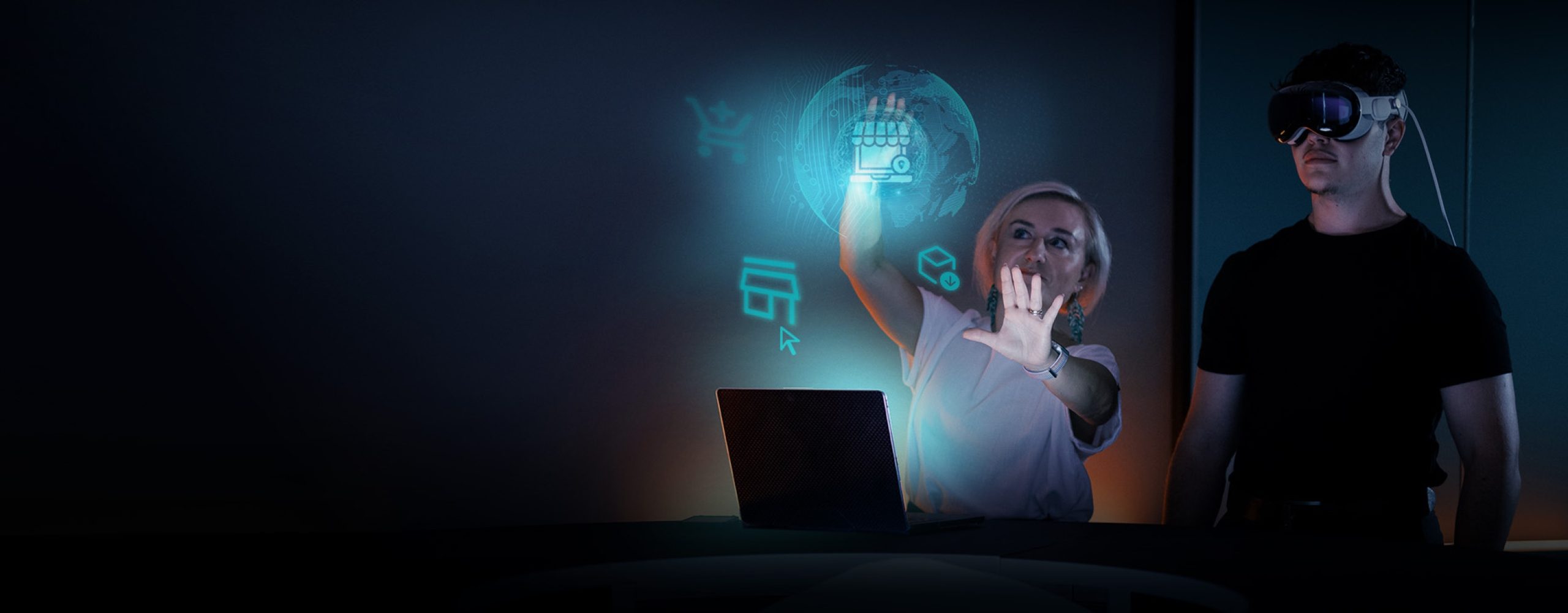Data analysis for digital ecosystems: An expert interacting with global data holograms next to a man wearing a VR headset on the Datahub Europe platform.