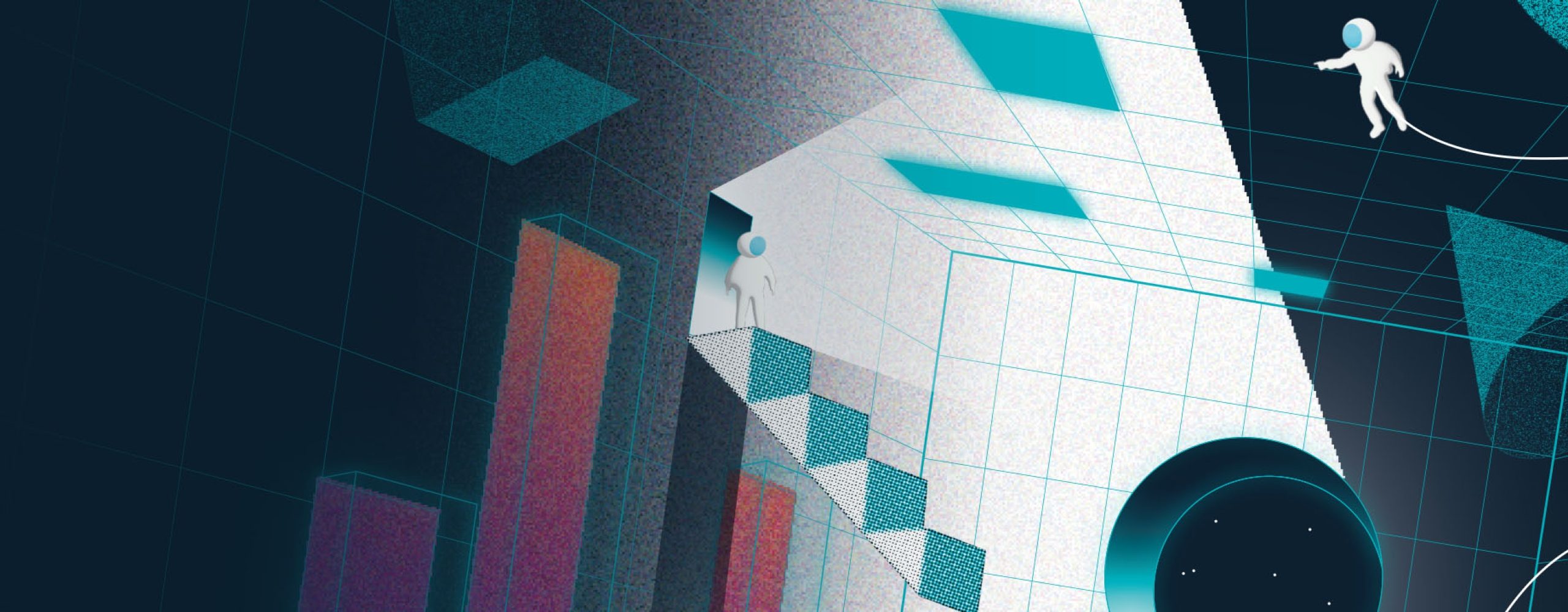 Abstrakte 3D-Illustration zu digitaler Souveränität und IT-Sicherheit: Ein Astronaut betritt einen hellen Raum mit Daten-Balkendiagrammen, im Vordergrund ein Schlüsselloch-Symbol als Metapher für Cybersecurity und Cloud-Datenschutz von Schwarz Digits.