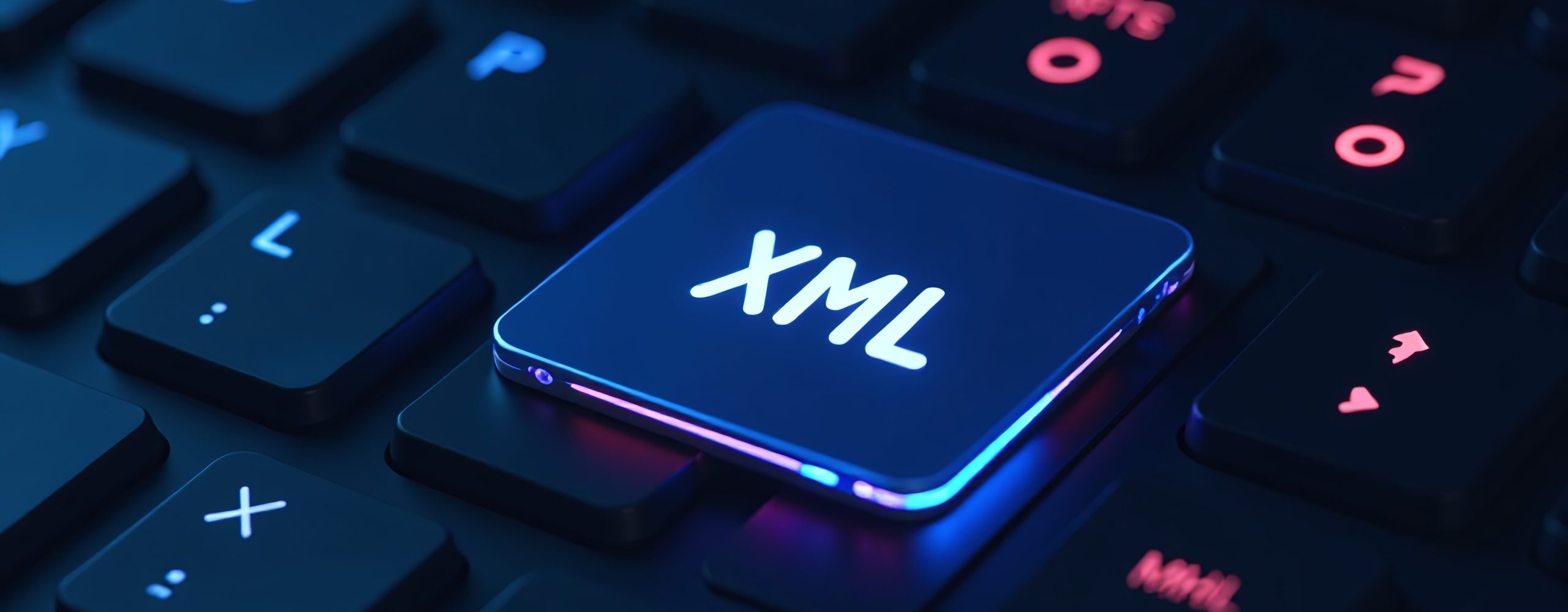 Close-up of a glowing blue key labeled XML on a dark computer keyboard. The image visualizes XML (Extensible Markup Language) as the central data format for data storage, data transfer and web development.