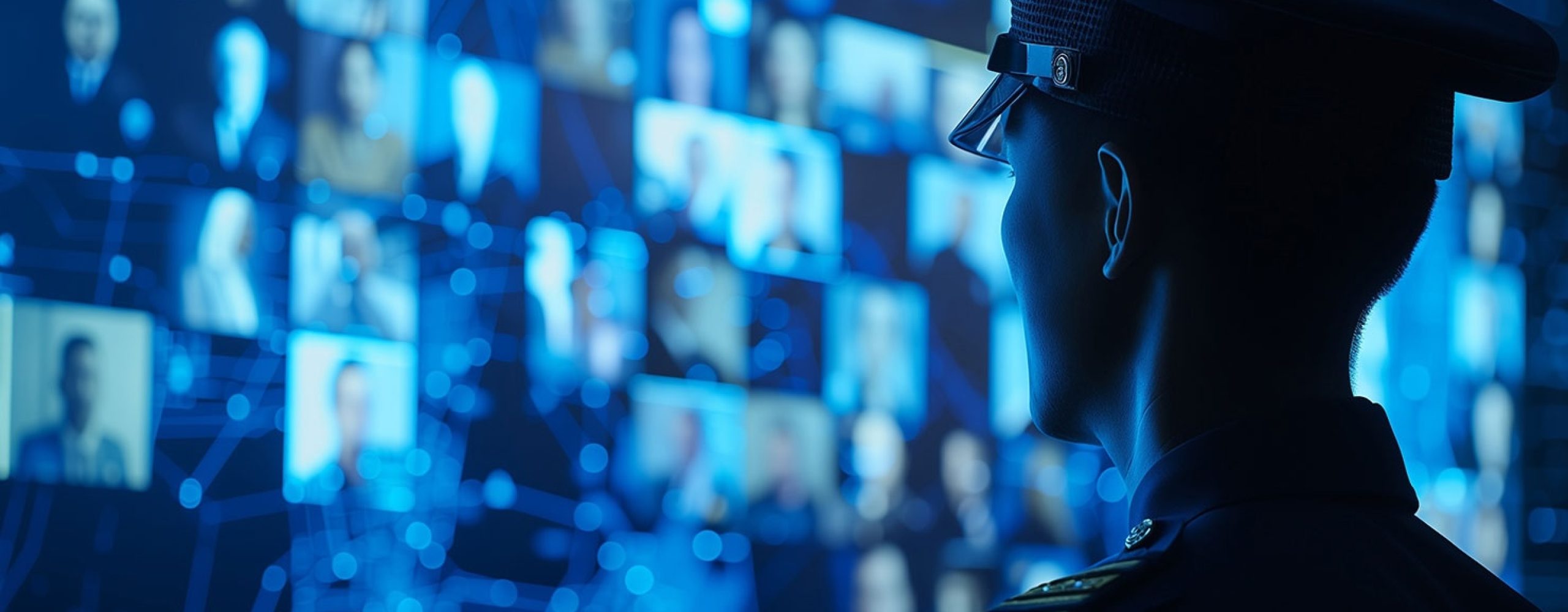 Polizist vor großer Monitorleinwand