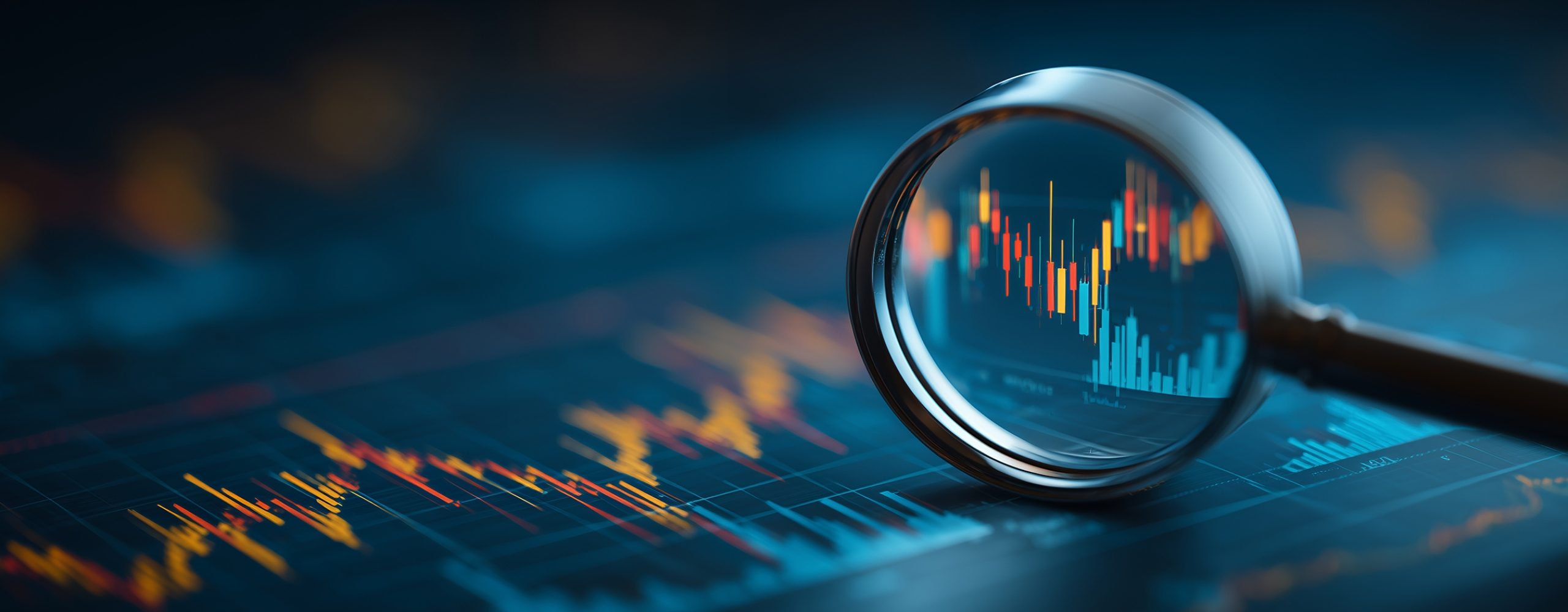 A magnifying glass enlarges a section of a candlestick chart and financial data on a screen. Symbolizes detailed data analysis, financial market monitoring, or stock trading.