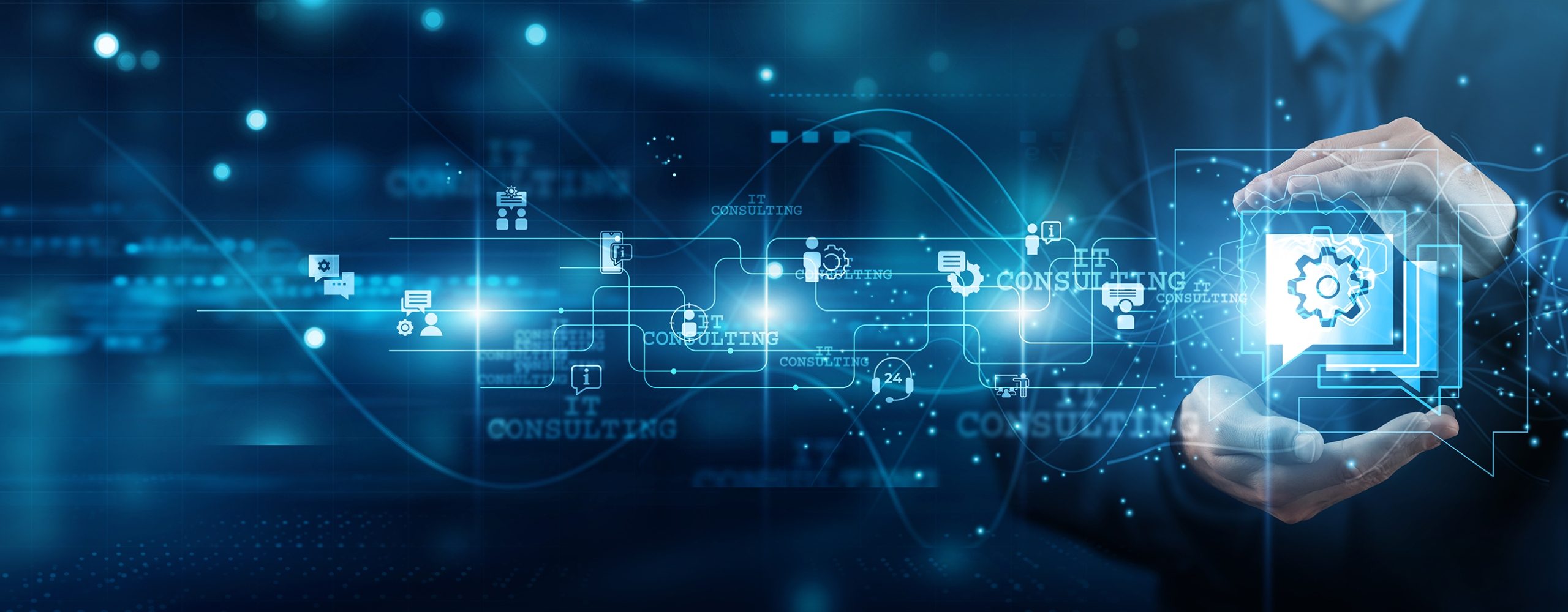 Geschäftsmann hält ein leuchtendes Zahnrad-Symbol in seinen Händen, umgeben von einem digitalen, vernetzten Fluss von IT-Consulting-Schriftzügen und Service-Icons. Symbolisiert Beratung und Bereitstellung digitaler Lösungen.