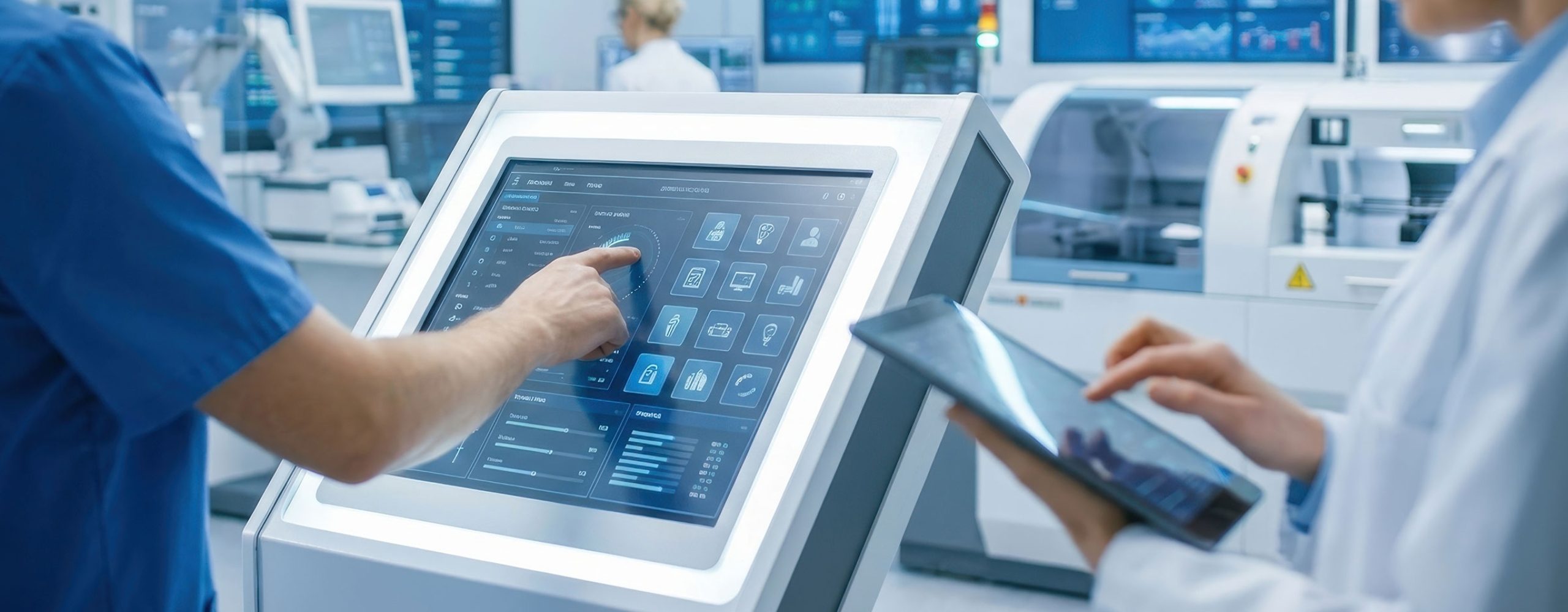 Medical staff using a touchscreen terminal and tablet for efficient patient management in a hospital setting.