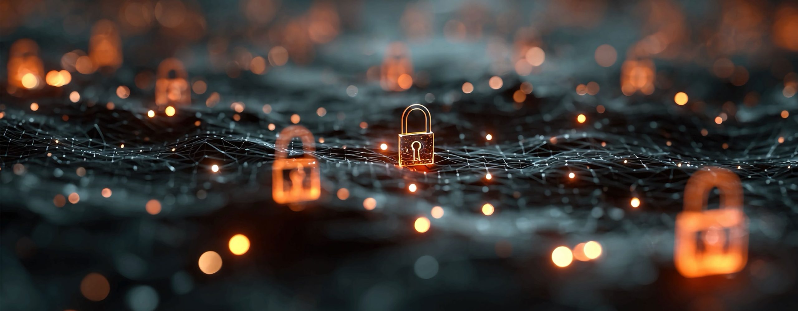 Abstract digital network featuring glowing padlocks as a hero banner for data security, encryption technologies, and secure IT infrastructure.