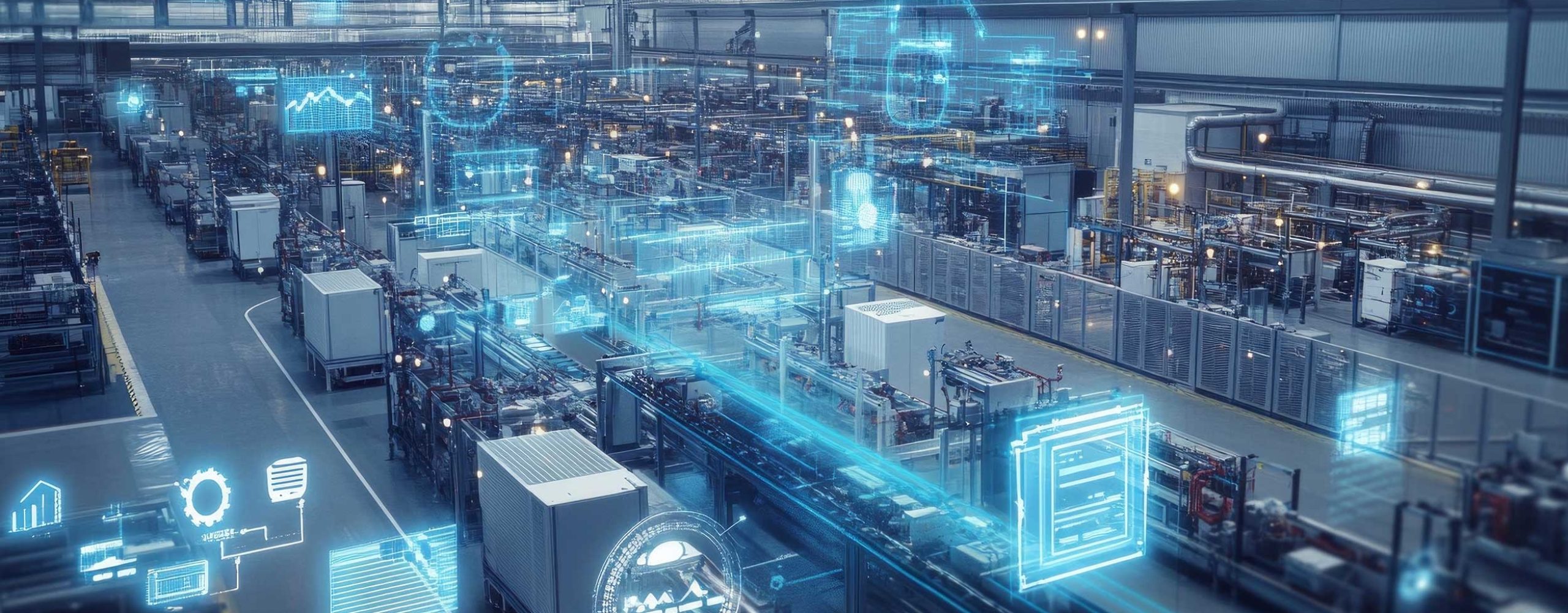 Holografische Datenvisualisierung über einer modernen, automatisierten Produktionsstraße in einer Fabrikhalle.