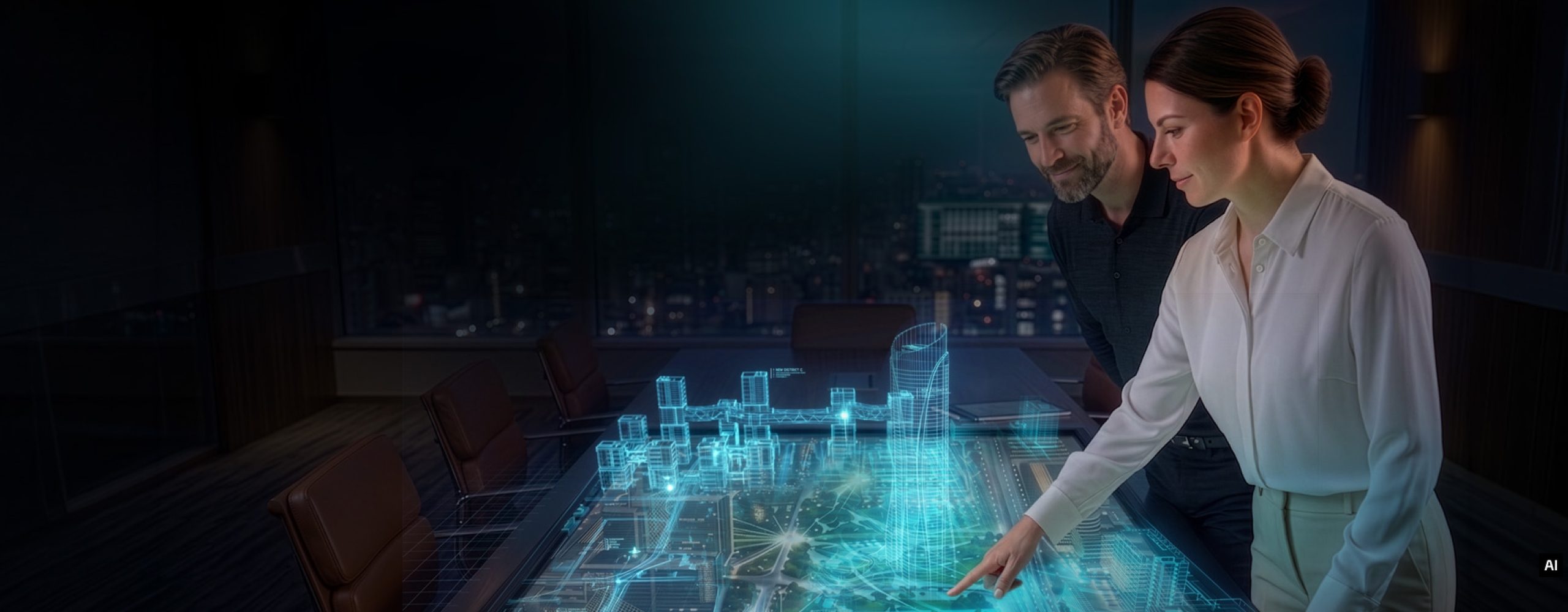 Zwei Personen betrachten ein holografisches 3D-Modell einer modernen Smart City auf einem Tisch.