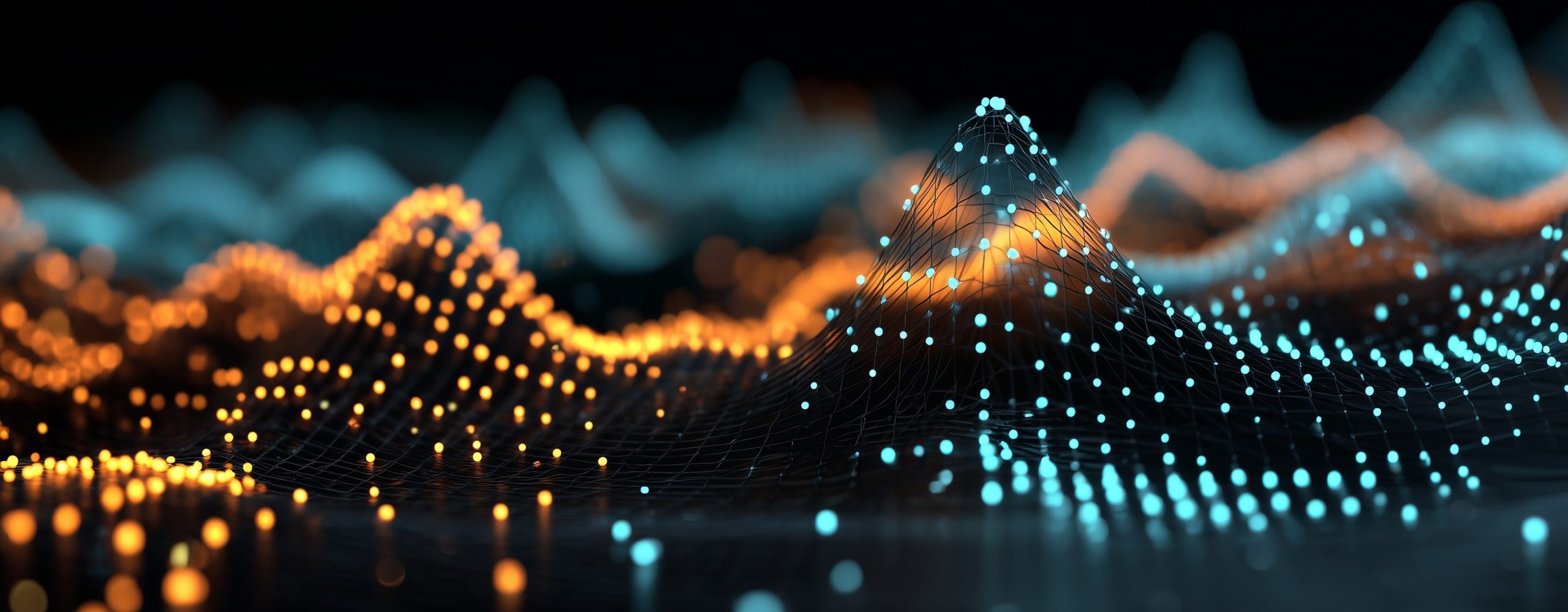 Abstrakte neuronale Netzwerk-Struktur mit leuchtenden Datenpunkten in Orange und Blau – Symbol für Computer Vision und KI-Datenverarbeitung in der Cloud.