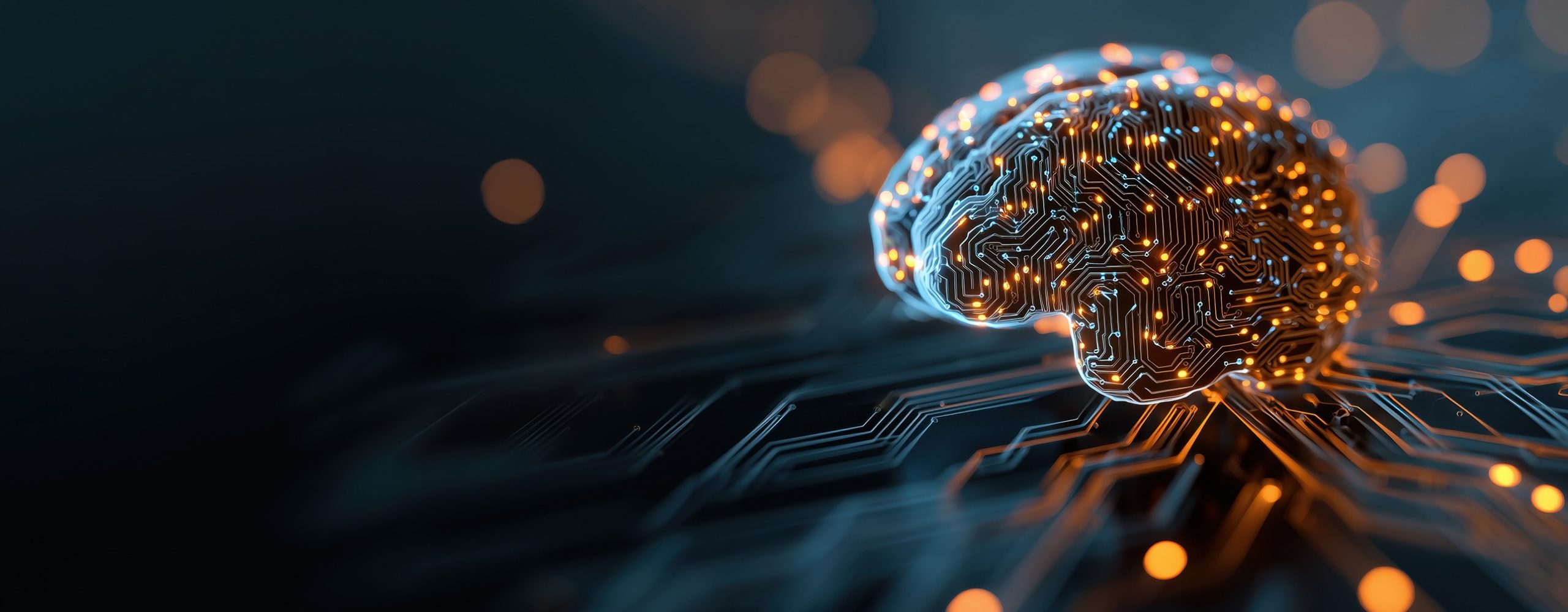 Glowing digital brain made of circuit board lines representing artificial intelligence