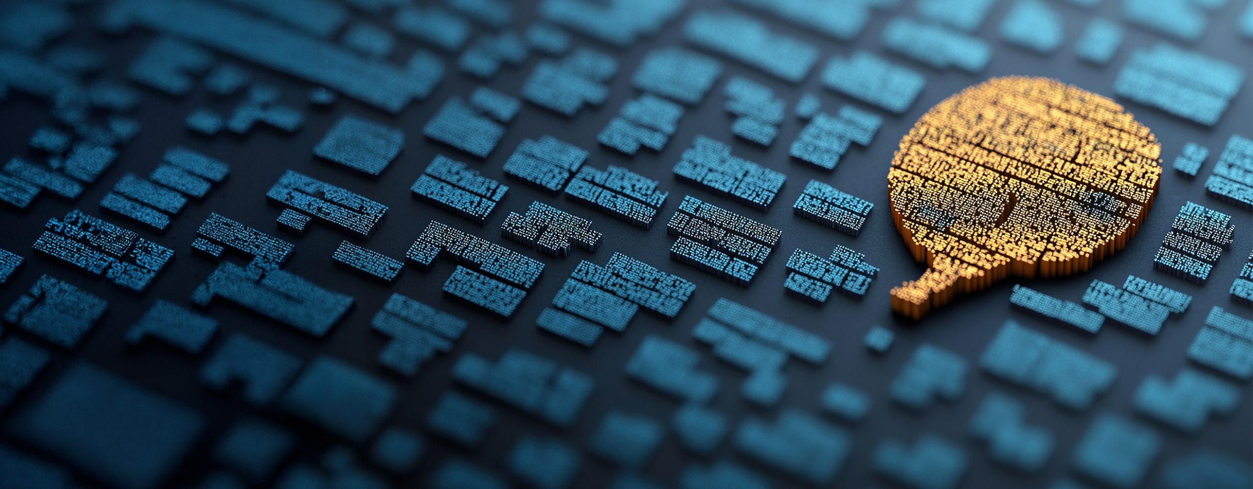 Golden speech bubble composed of digital data blocks on a blue code matrix representing Natural Language Processing (NLP).