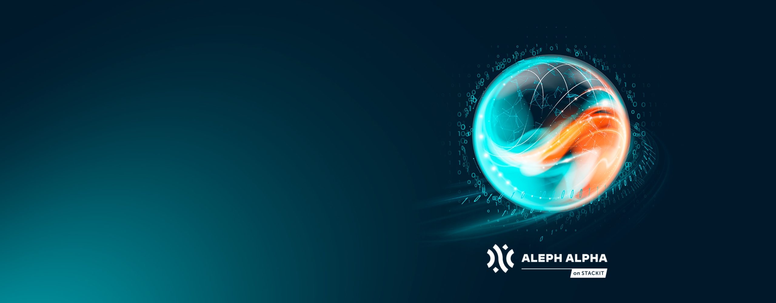 Abstrakte, leuchtende Datenkugel mit fließenden Energie-Elementen als Symbol für generative KI über dem Aleph Alpha Logo.