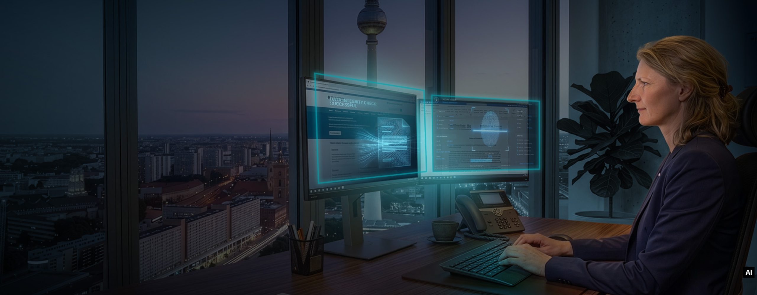 Beamtin arbeitet im Büro vor Bildschirmen mit digitaler Datenprüfung und Berliner Fernsehturm im Hintergrund.