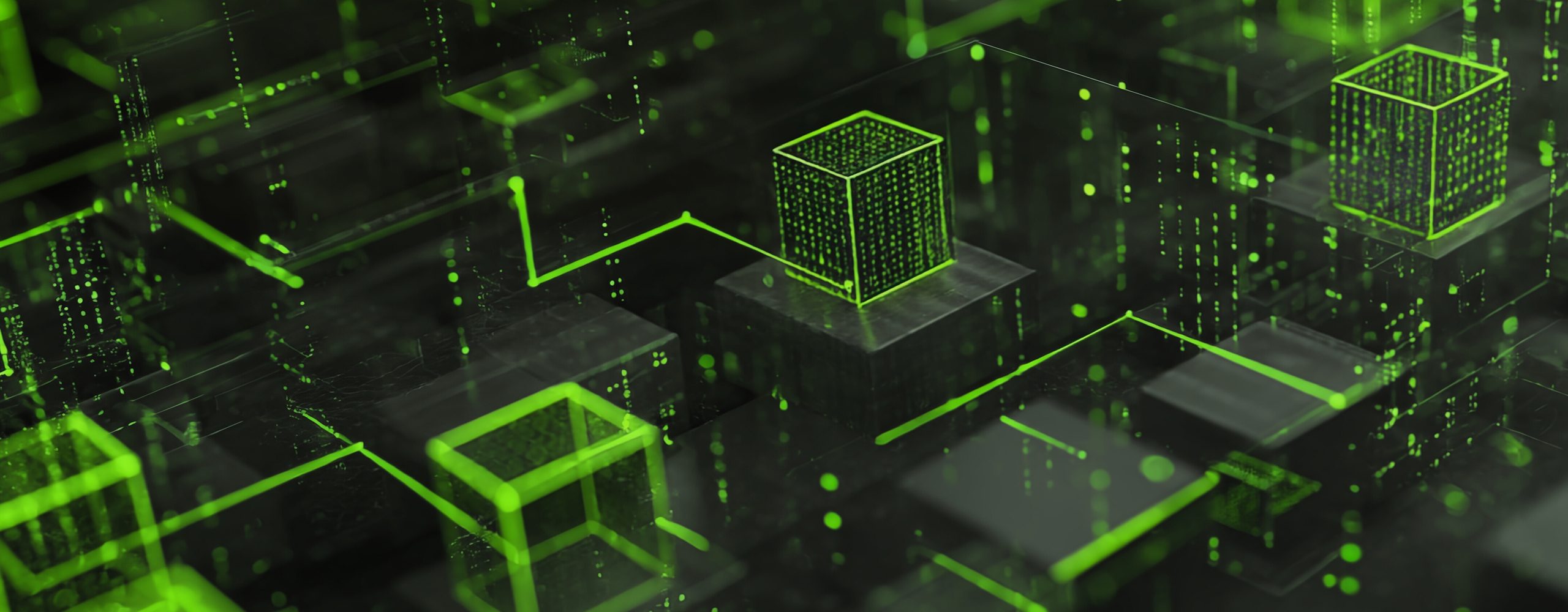 Abstrakte digitale Darstellung in leuchtendem Grün und Schwarz. Mehrere neonfarbene Würfel- und Gitterstrukturen, verbunden durch leuchtende Linien, schweben über einer dunklen, rechteckigen Oberfläche. Die Szene vermittelt ein Gefühl von Datennetzwerken, Blockchain oder komplexen Computersystemen.