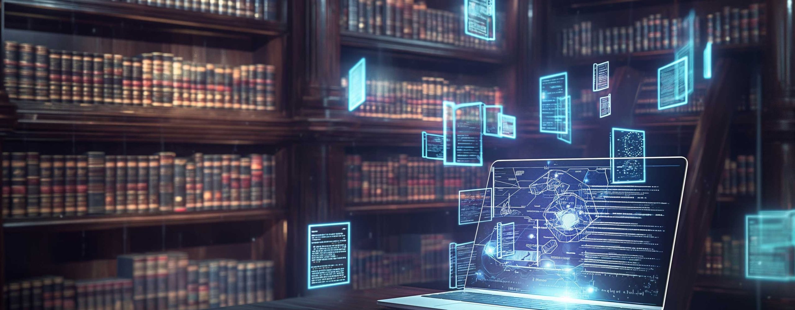 Digital archive and knowledge management: laptop in library with holographic documents