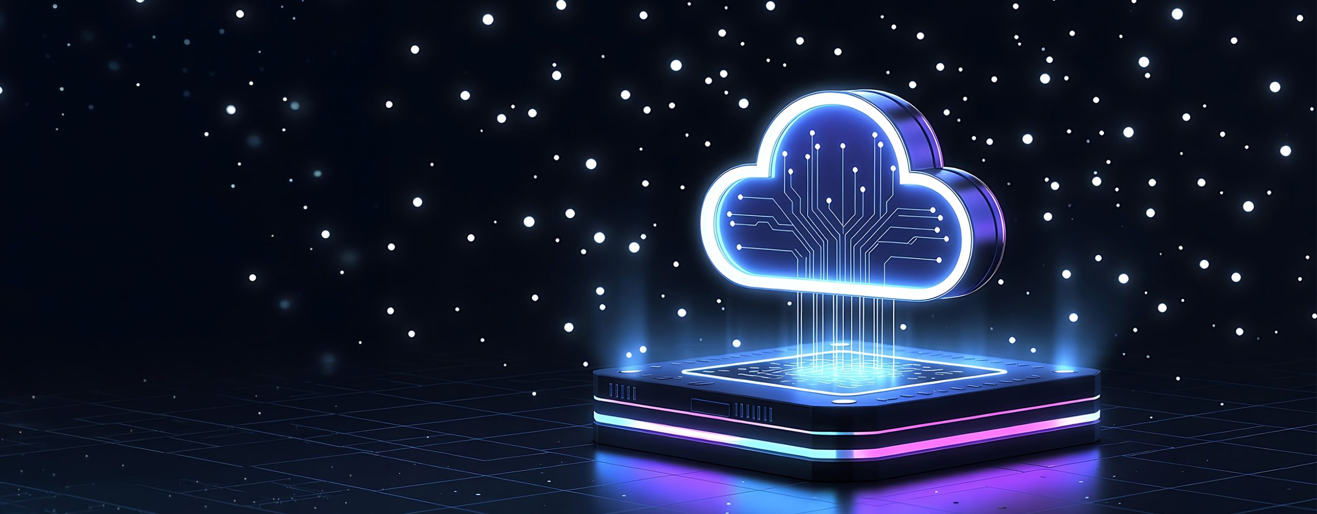 Glowing neon blue cloud symbol with circuit board patterns on a digital server platform representing cloud computing.