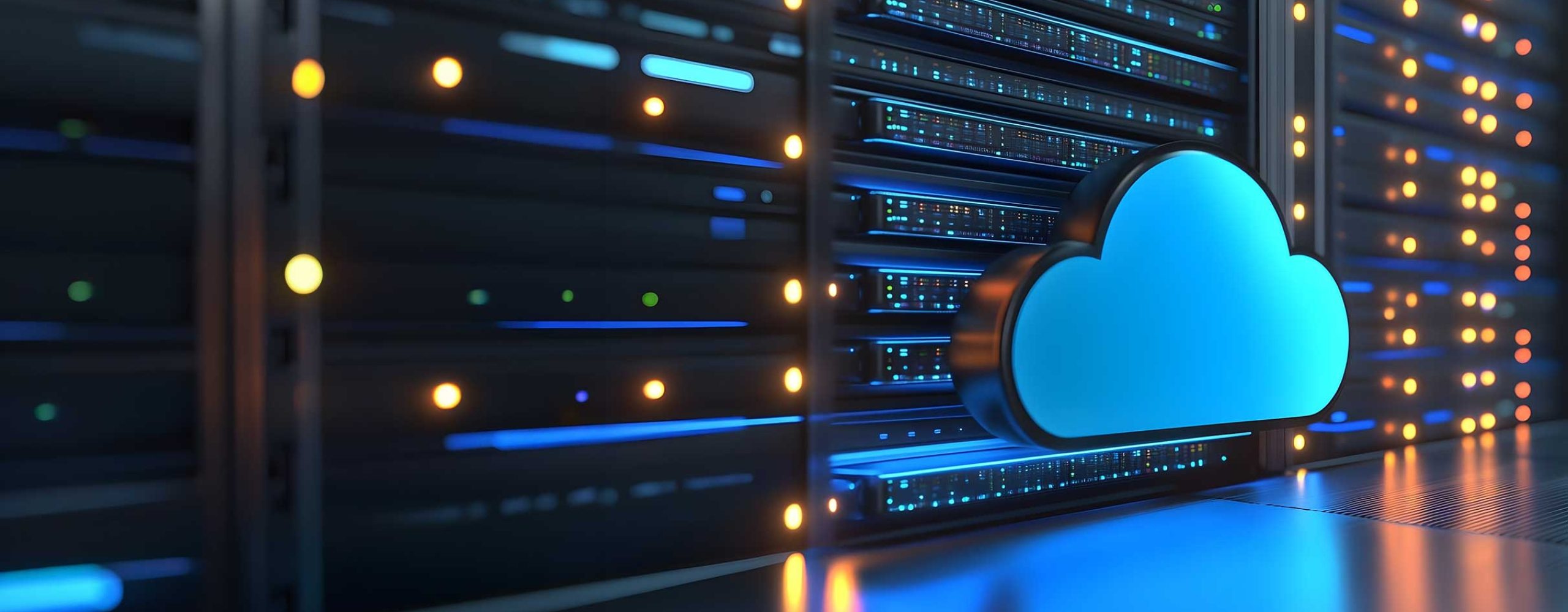 Cloud-Computing und IT-Infrastruktur: Ein leuchtend blaues 3D-Cloud-Symbol schwebt vor modernen Serverschränken in einem Hochleistungs-Rechenzentrum.