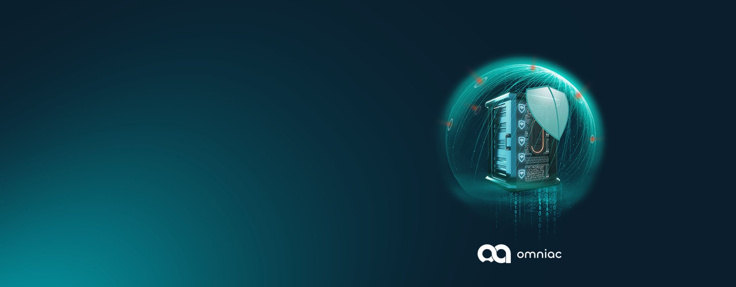 A server rack encased in a glowing blue protective sphere with a digital shield icon, featuring the Omniac logo at the bottom.