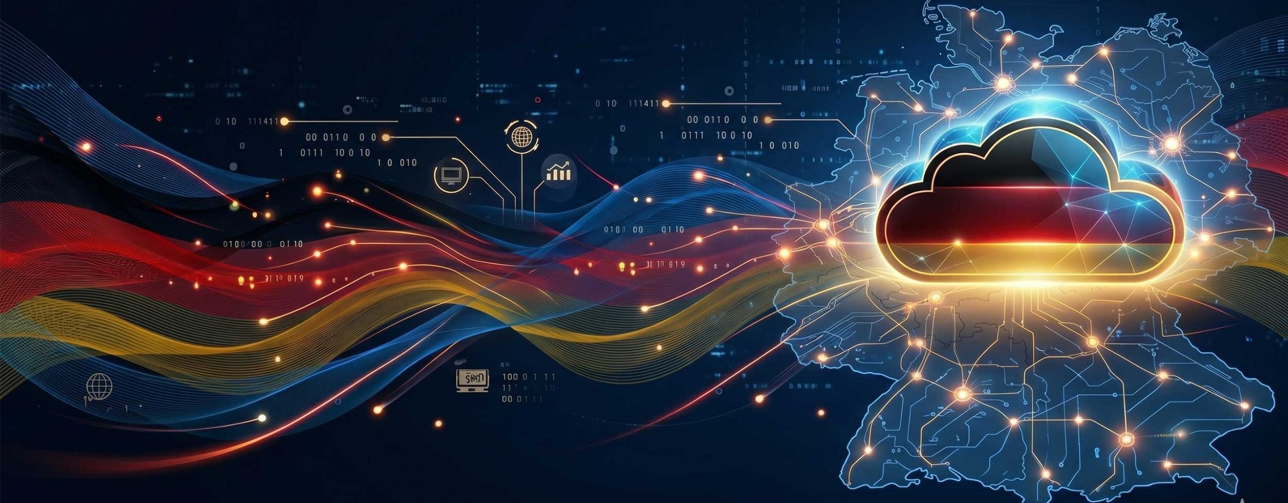 "A dark background with flowing, luminous data streams in the colors of the German flag (black, red, gold), flowing from left to right into a stylized, glowing cloud graphic. The cloud is located inside a light blue, digital outline map of Germany, which is networked with node points."