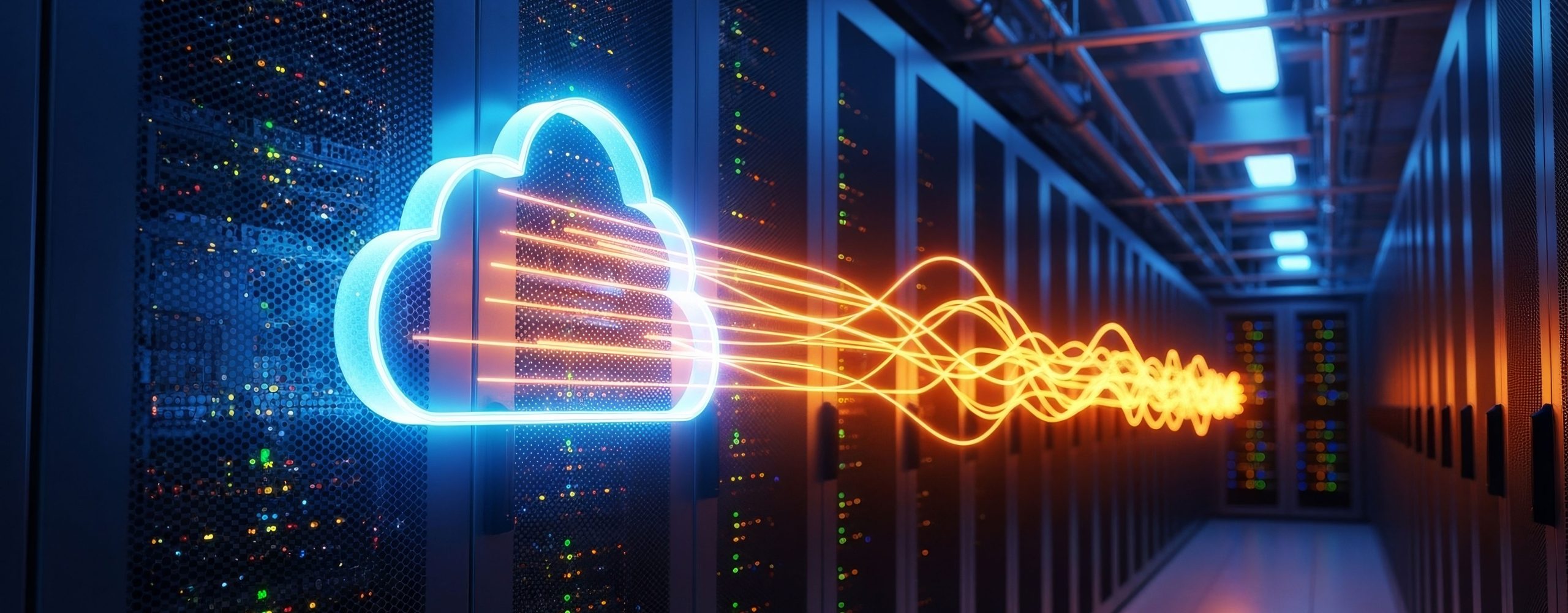 A glowing blue cloud symbol receives pulsating orange data streams along an aisle full of server racks in a data center. The image visualizes data transfer, data migration to the cloud and cloud computing in an IT infrastructure.