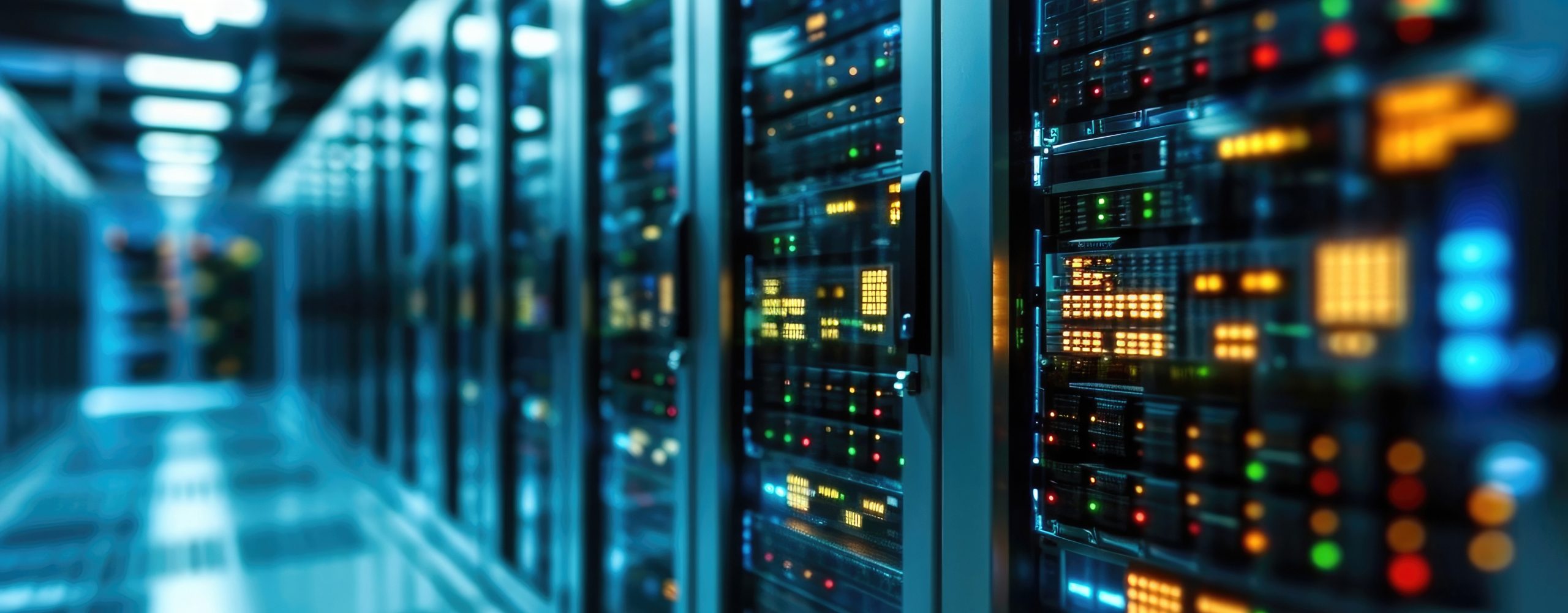 Nahaufnahme eines Gangs in einem modernen Rechenzentrum, gesäumt von Reihen beleuchteter Server-Racks. Das Bild zeigt die IT-Infrastruktur zur Datenspeicherung, Datenverarbeitung, Serververwaltung und für Cloud Computing in einem professionellen Datacenter.