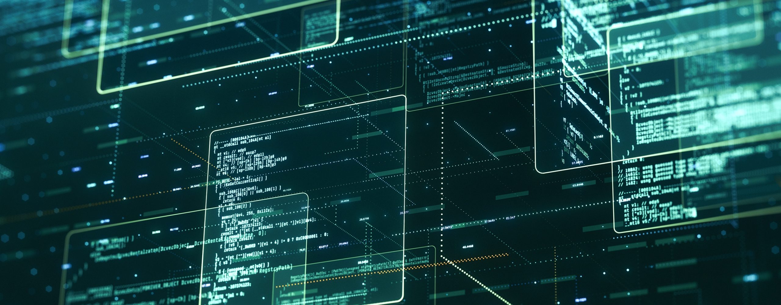 Abstrakte, digitale Darstellung von Computercode und Programmzeilen in grüner Schrift. Symbolisiert Softwareentwicklung, Coding, Programmierung und das Erstellen von Anwendungen.